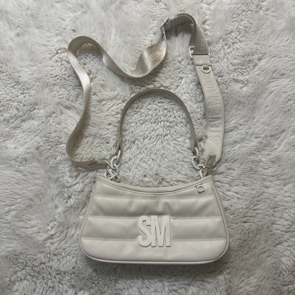Steve Madden White Faux Leather Crossbody Bag Purse SM Monogram Logo White Y2K